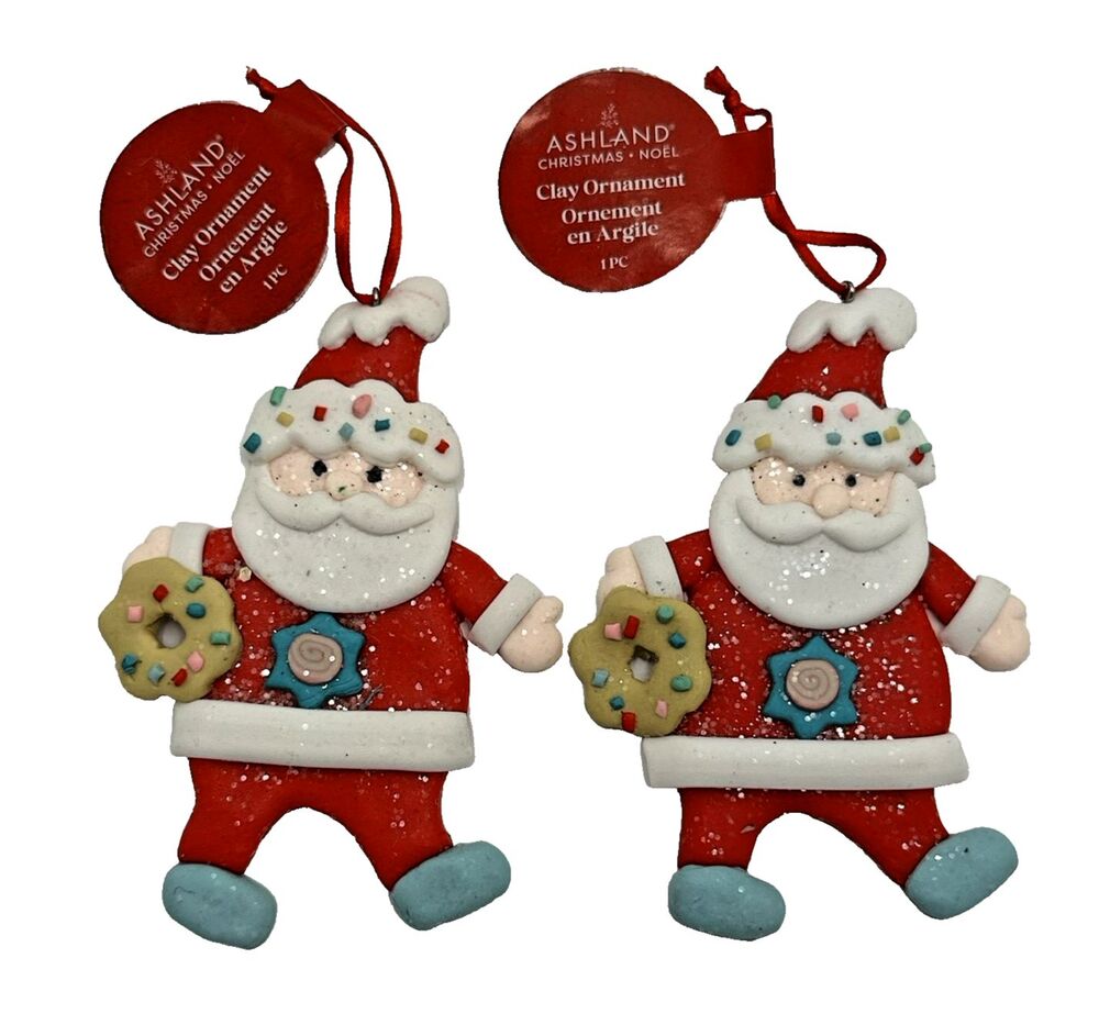Santa Glitter Christmas Icon Clay Ornament Ashland 4" Holiday Cookie Set of 2